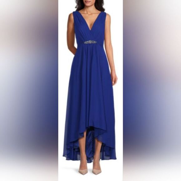Eliza J Embellished Chiffon Wrap Front Gown NWT Size 10 Cobalt Blue - Picture 1 of 6